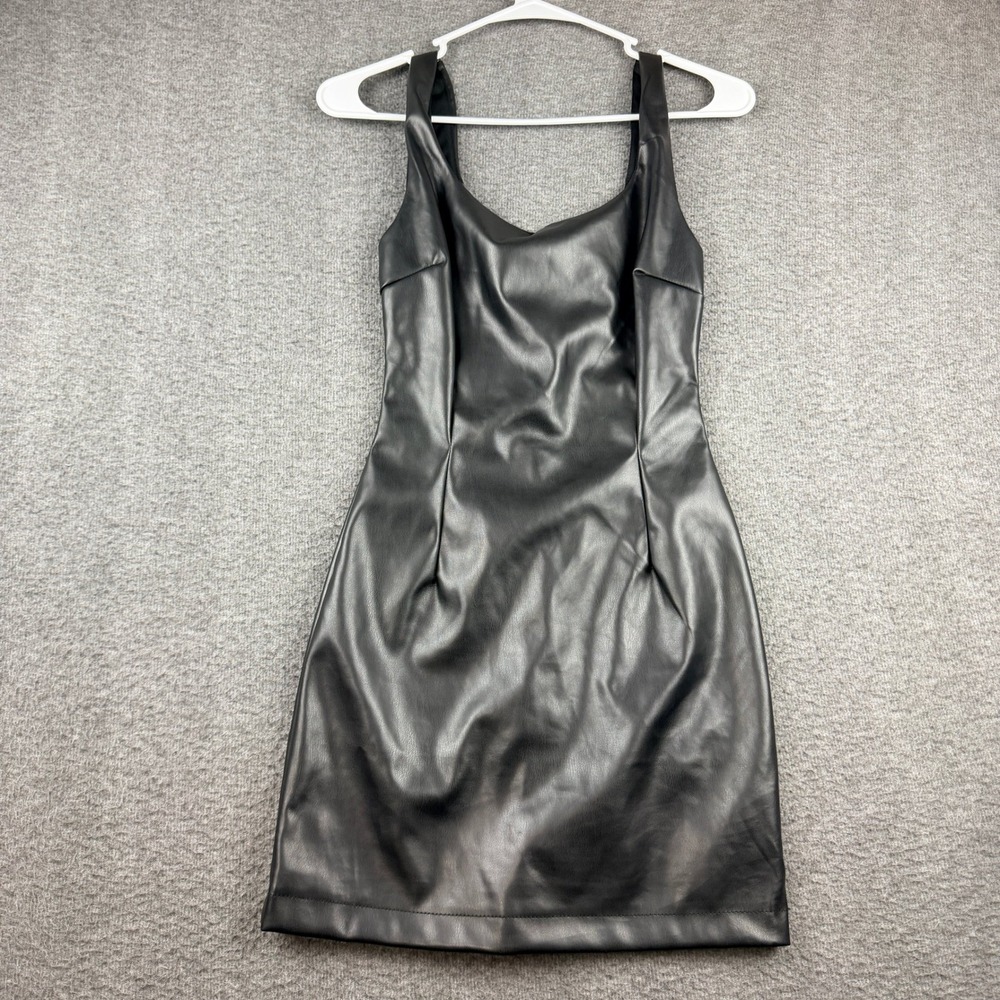 Iris Black Faux Women's Small Leather Mini Dress Sleeveless Bodycon‎ Scoop Neck